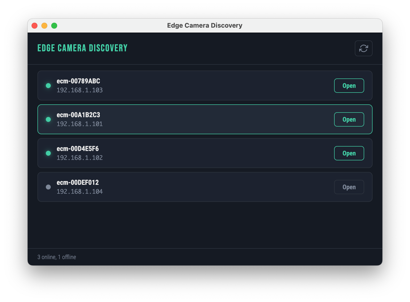 Edge Camera Discovery — application screenshot